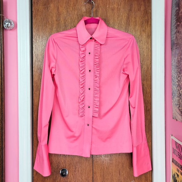 Vintage 1970s Pink Ruffled Tuxedo Blouse - Picture 4 of 10